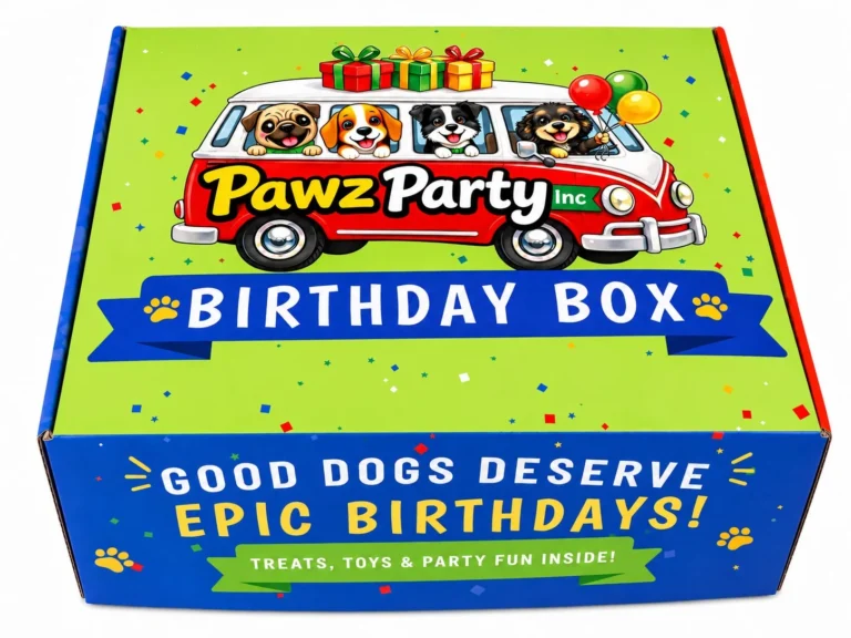 Pawz Party Birthday Box with the party bus on a green lid and 'Good dogs deserve epic birthdays!' on the front
