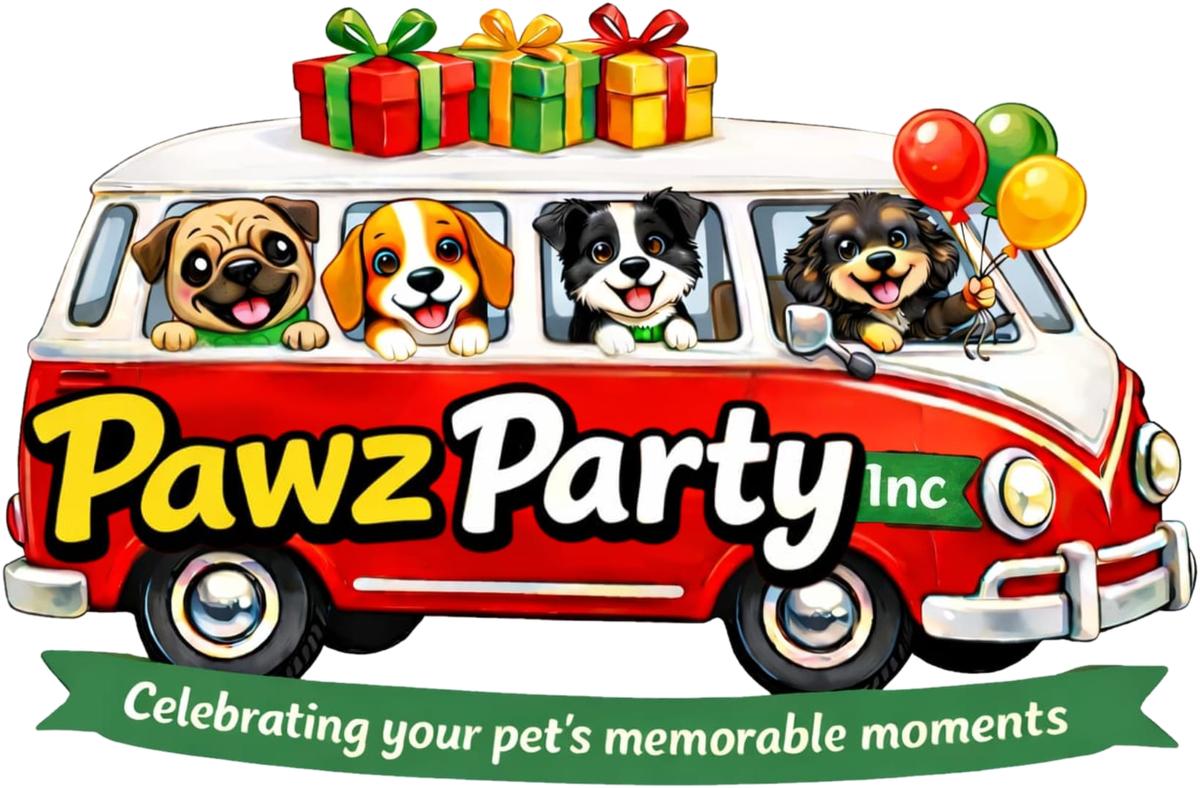 Pawz Party Inc logo: a red party bus full of happy dogs with gifts and balloons