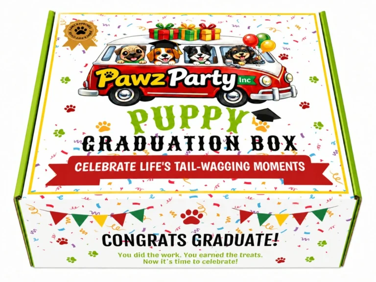 Pawz Party Puppy Graduation Box with a Pawz Approved seal, confetti and 'Congrats Graduate!' on the front